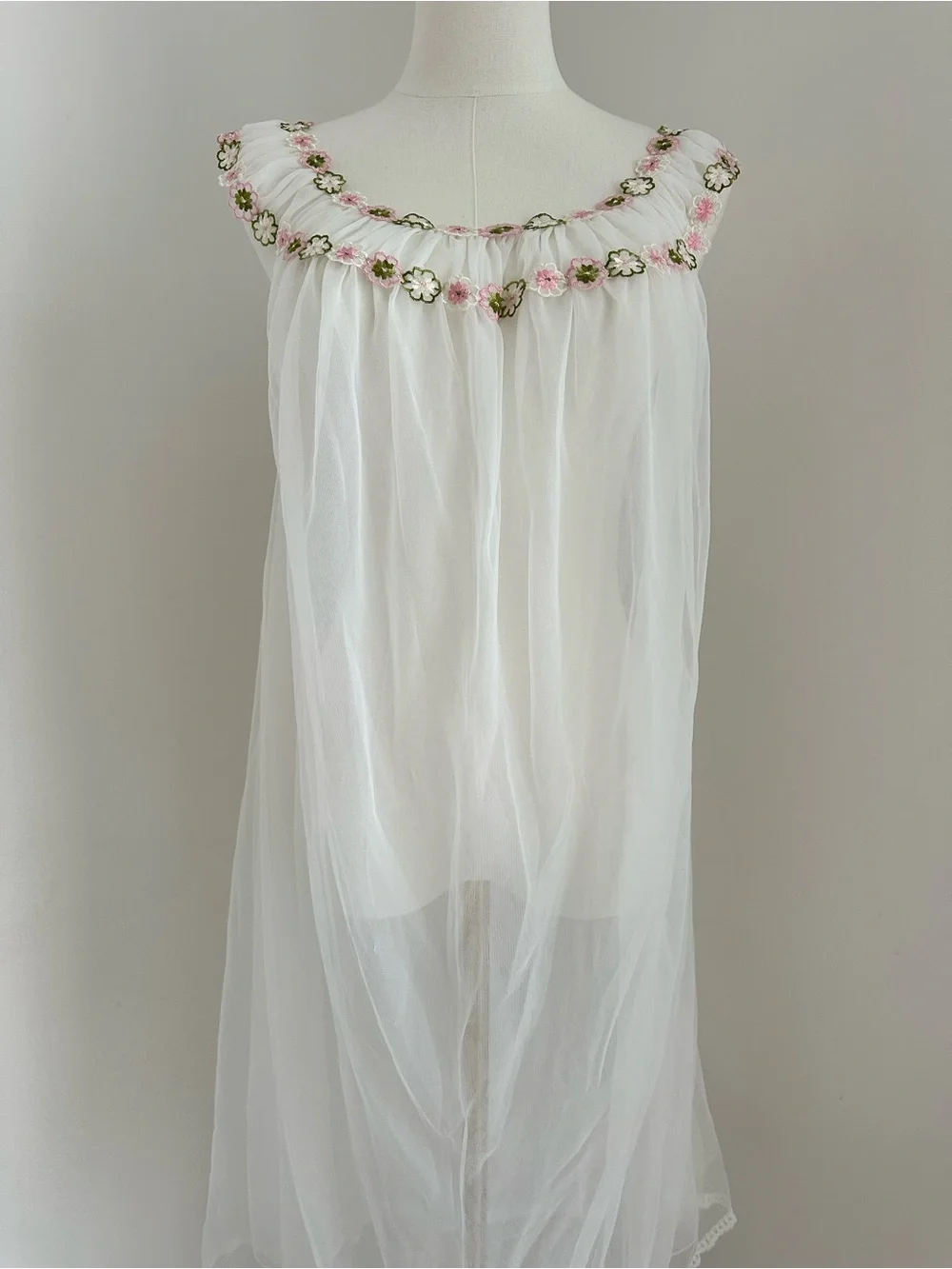 Vintage White Sheer Chiffon Chemise with Pink & Green Floral Trim #081